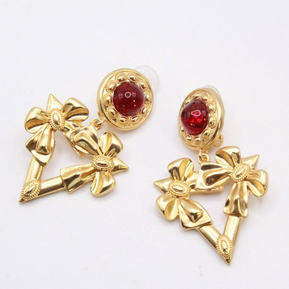 YSL YVES SAINT LAURENT RED GRIPOIX GLASS LONG EARRINGS - Picture 5 of 7
